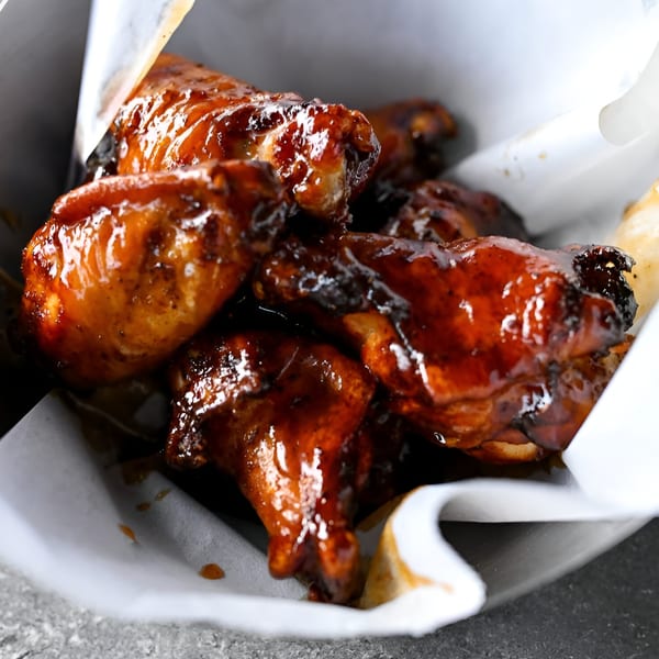 Close-up of several glossy, dark brown chicken wings in a white paper-lined container.