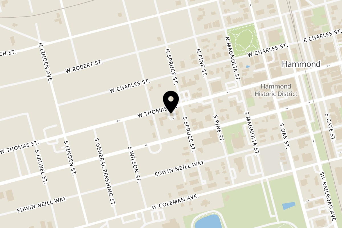 Map showing the location of Milans Pizza on 505 W Thomas St in Hammond